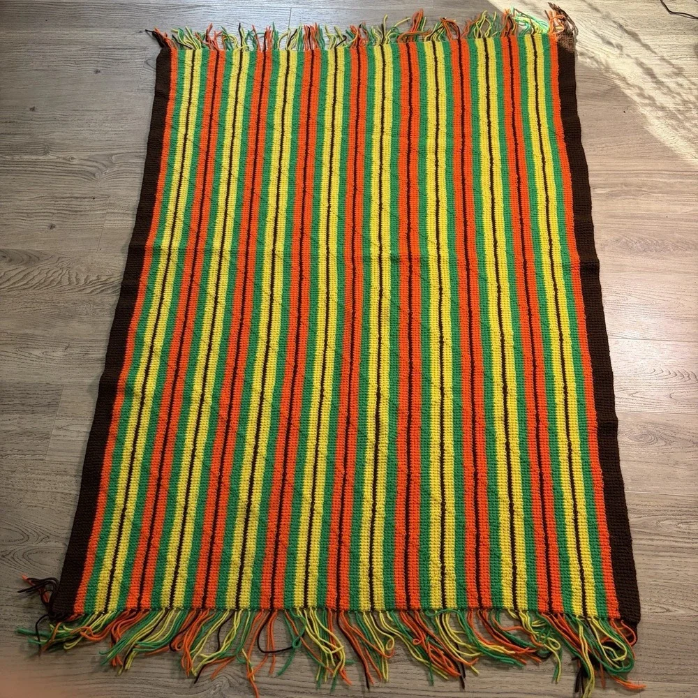 70s‎ Vtg Diamond Crochet Knitted Afghan Blanket Brown Orange Retro Handmade